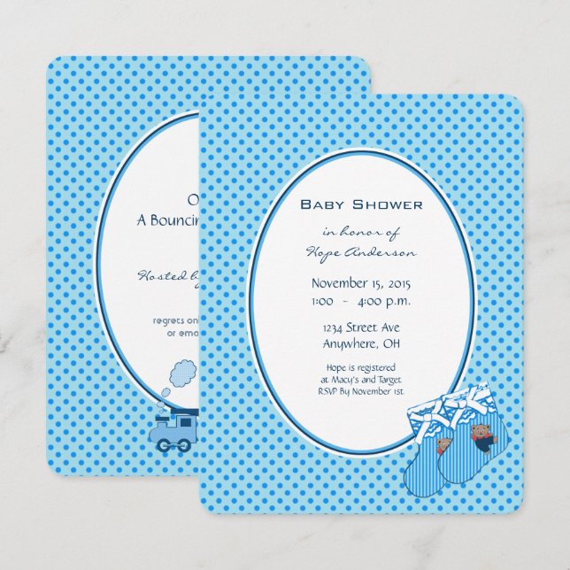 Ankündigung von Baby Boy Blue Train Bärendusche (Vorne/Hinten)