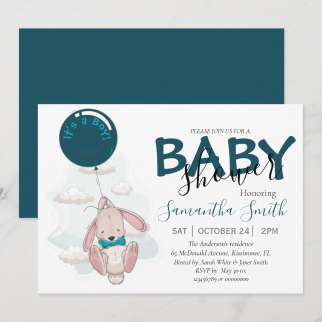 Ankündigung von Balloon Rabbit Boy Baby Shower (Vorne/Hinten)