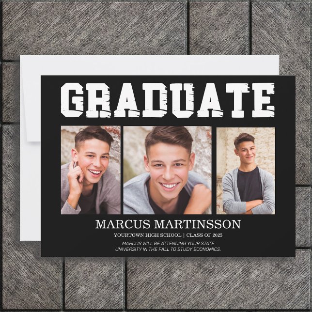 Ankündigung von Black 3 Foto Abschluss (Black and white 3-photo graduation announcement for him. High School or College graduates)
