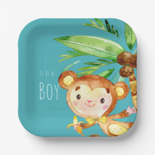 Ankündigung von Blue Niedlich Monkey Baby Boy Pappteller