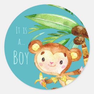 Ankündigung von Blue Niedlich Monkey Baby Boy Runder Aufkleber