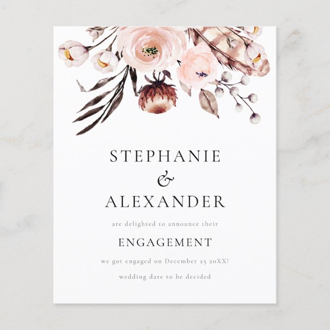 Ankündigung von Budget Boho Blush Florals Verlobun (Vorderseite)