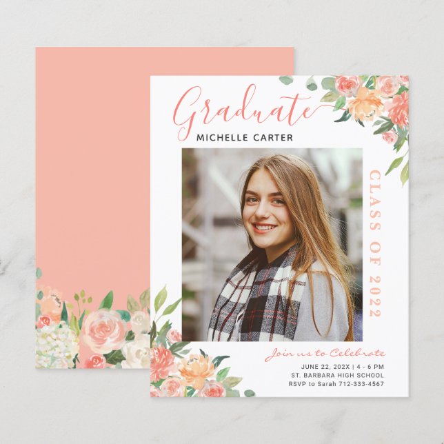 Ankündigung von Budget Coral Floral Foto Abschluss (Vorne/Hinten)