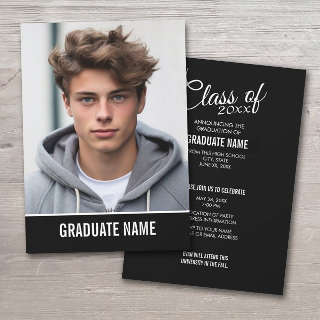 Ankündigung von Classic Abschluss Foto und Party (Simple Graduation Announcement with large photo on the front and invitation on the back)