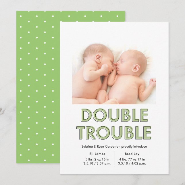 Ankündigung von Double Trouble Green Twins Baby (Vorne/Hinten)