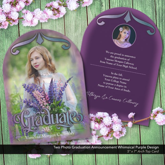 Ankündigung von Foto Abschluss Whimsical Lila (Two Photo Graduation Announcement: Whimsical and Enchanting Purple Fairytale Aesthetic.)