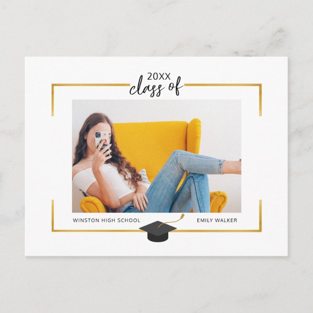 Ankündigung von Gold Border Foto Abschluss Postkar (Vorderseite)