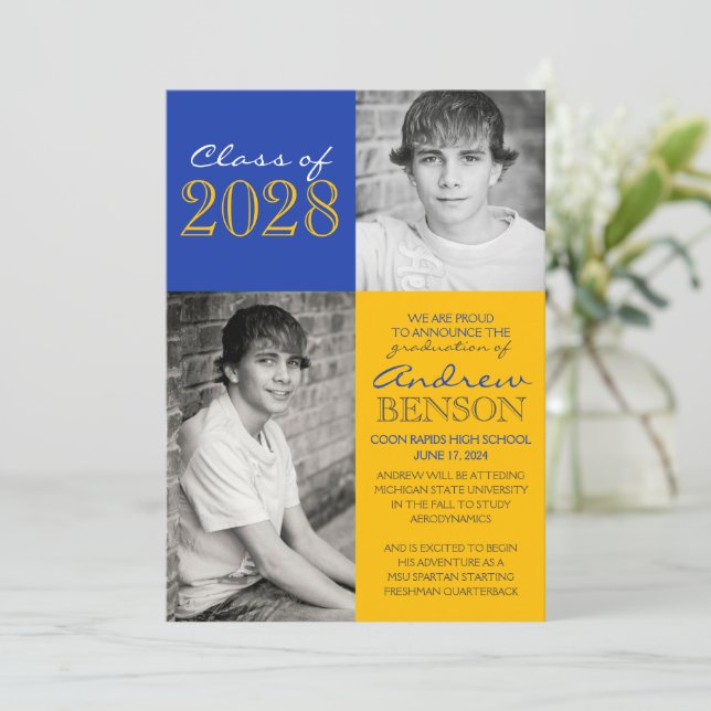 Ankündigung von Gold- und Blue-2-Foto-Abschlüssen (Stehend Vorderseite)