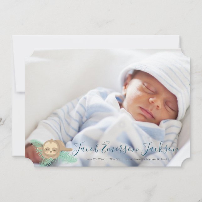 Ankündigung von Green Sleepy Baby Sloth Baby Foto (Vorderseite)