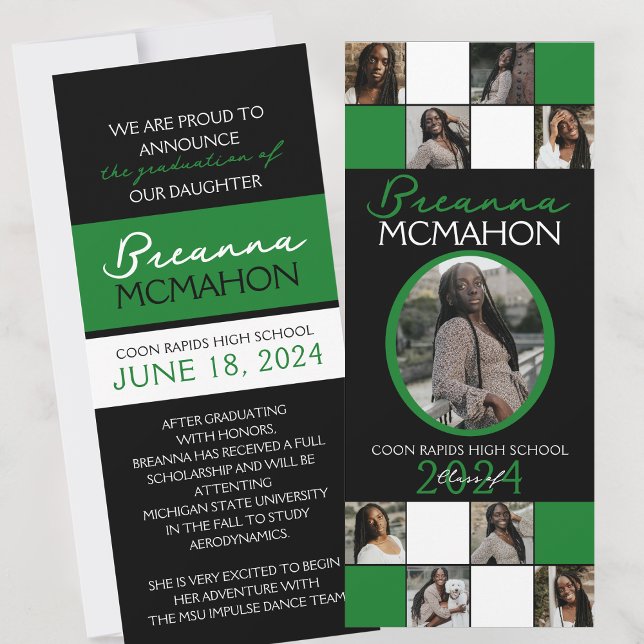 Ankündigung von Green und Black 9 Foto Abschluss (Black and Green 9 Photo Elegant Formal Graduation Announcements)