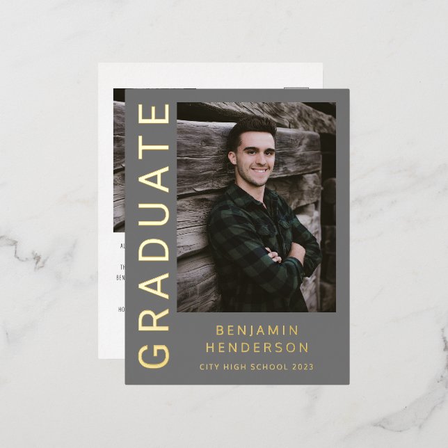 Ankündigung von Grey Foto Gold Foil Boy Abschluss (Vorderseite/Rückseite)