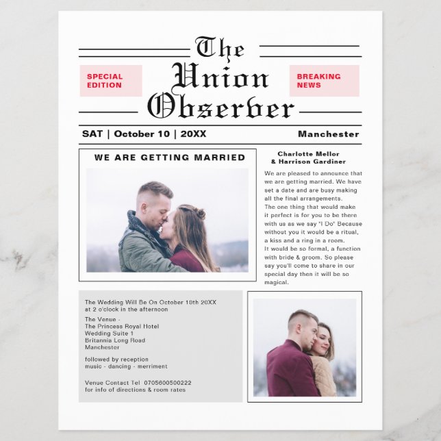 Ankündigung von Hochzeiten im Zeitungsstil Flyer (Vorne)