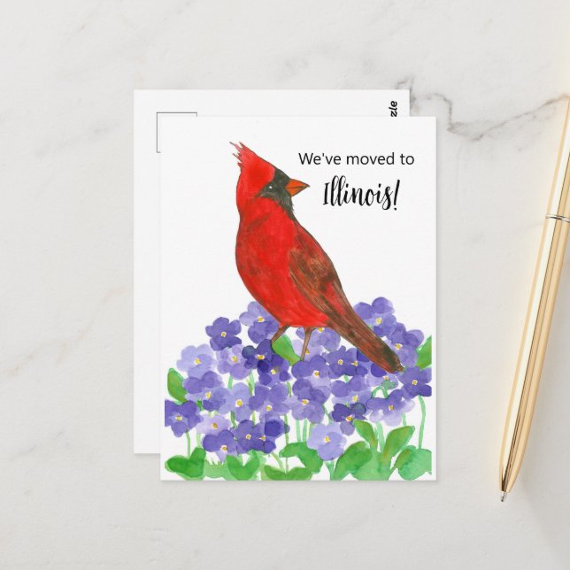 Ankündigung von Illinois Kardinal Bird Violets Postkarte (Vorderseite/Rückseite Beispiel)