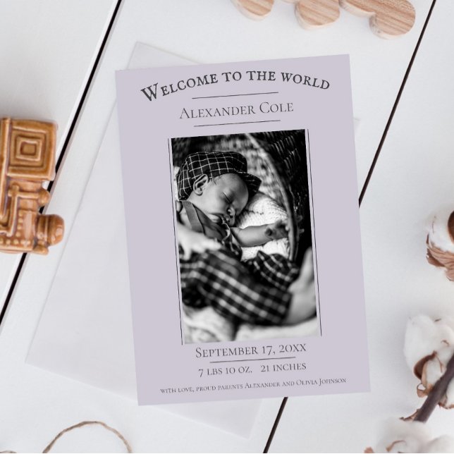 Ankündigung von Lavender Minimalistischen Foto (Lavender Minimalist Photo Birth Announcement)