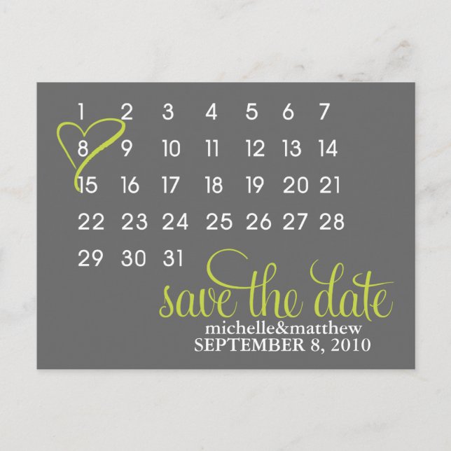 Ankündigung von Lime Green Calendar Hochzeiten (Vorderseite)