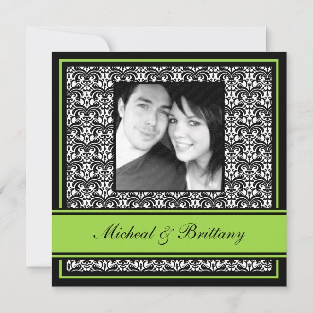 Ankündigung von Lime Green Damask Hochzeit-Verlobu (Vorderseite)