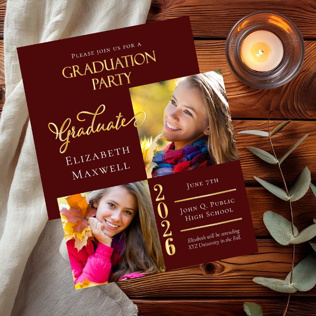 Ankündigung von Maroon Gold Foto Abschluss | PARTY (Elegant Maroon and Gold Tone Two Photo Collage Graduation Announcement and Party Invitation Combo)