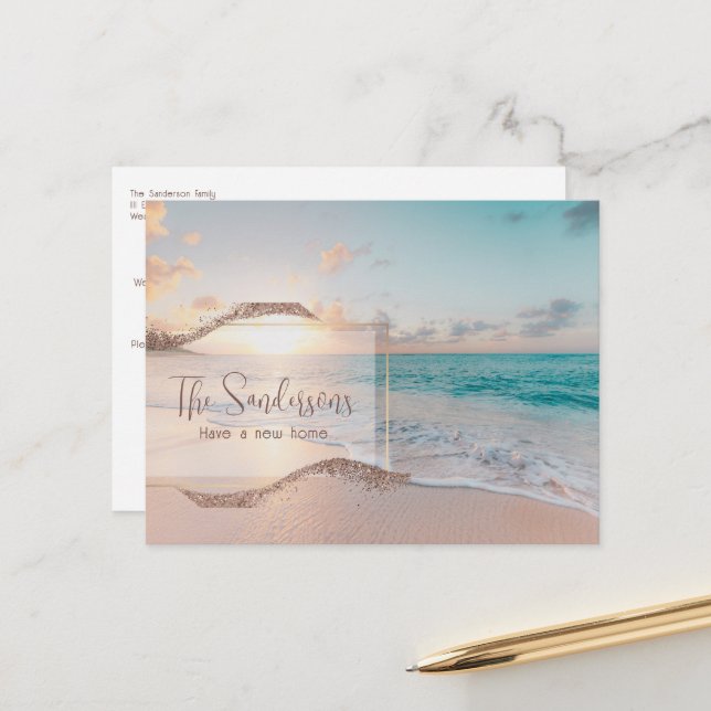 Ankündigung von Modern Beach Moving Zuhause Postkarte (Vorderseite/Rückseite Beispiel)