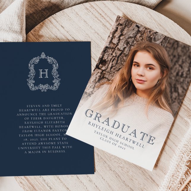 Ankündigung von Monogram Navy Blue Foto Abschluss (Von Creator hochgeladen)