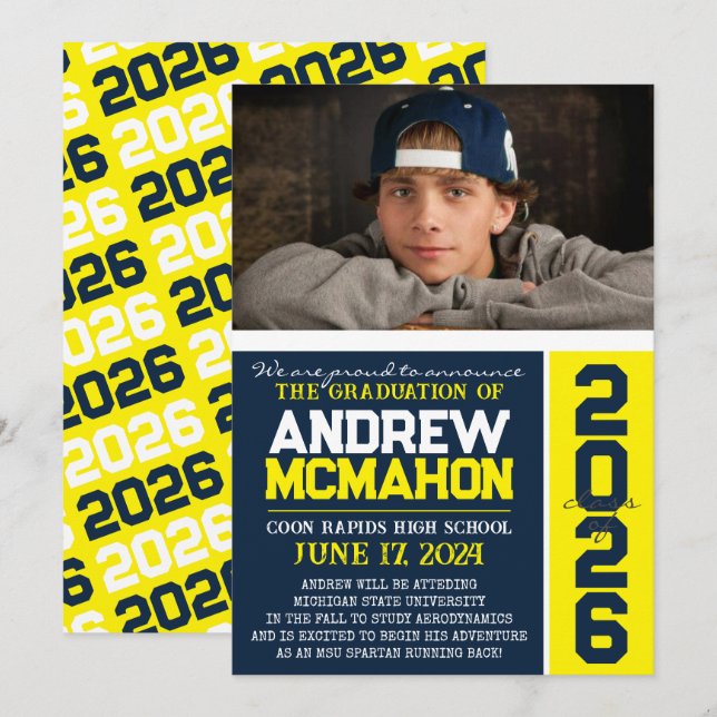 Ankündigung von Navy & Yellow Modern Abschluss Fot (Vorne/Hinten)