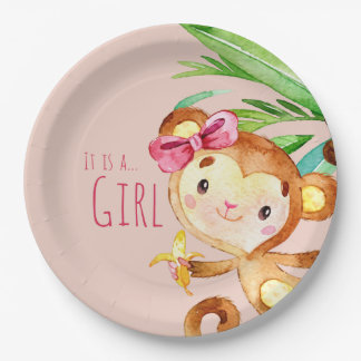Ankündigung von Pink Niedlich Monkey Baby Girl Pappteller