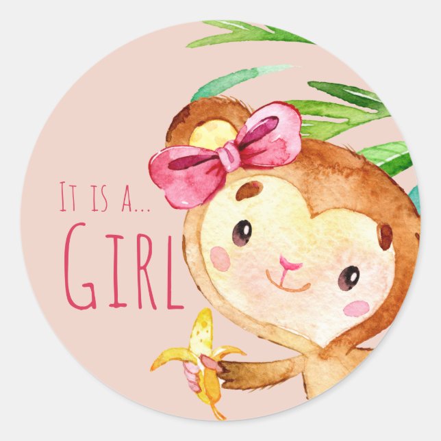 Ankündigung von Pink Niedlich Monkey Baby Girl Runder Aufkleber (Vorderseite)