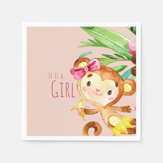Ankündigung von Pink Niedlich Monkey Baby Girl Serviette (Vorderseite)