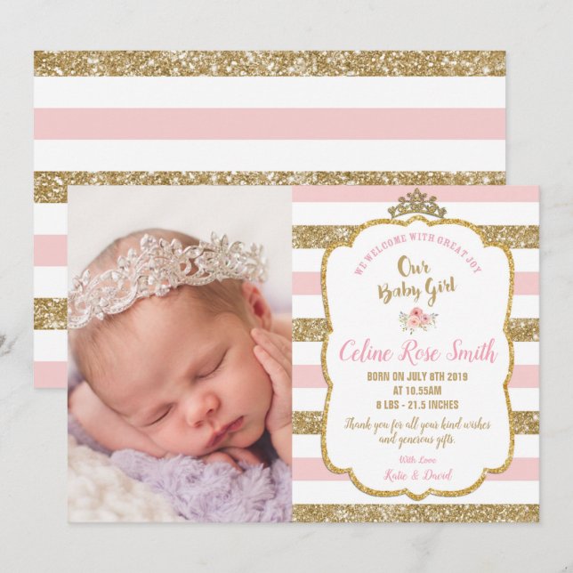 Ankündigung von Rosa und Gold New Baby Girl Birth (Vorne/Hinten)