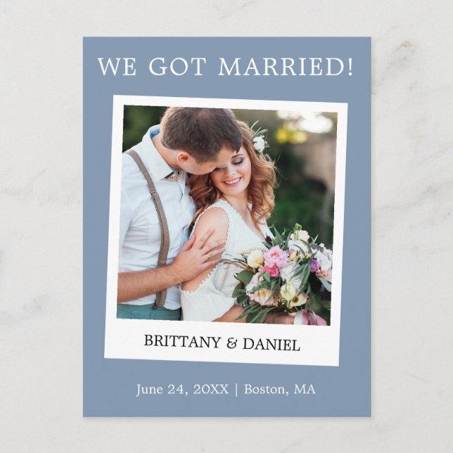 Ankündigung von Sofortkamera Hochzeit Dusty Blue Postkarte (Vorderseite)