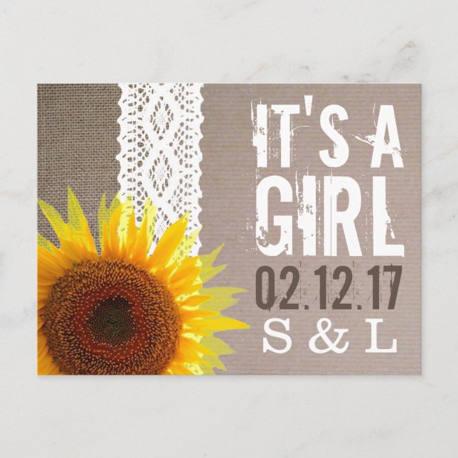 Ankündigung von Sonnenblumen Burlap & Lace Baby (Vorderseite)
