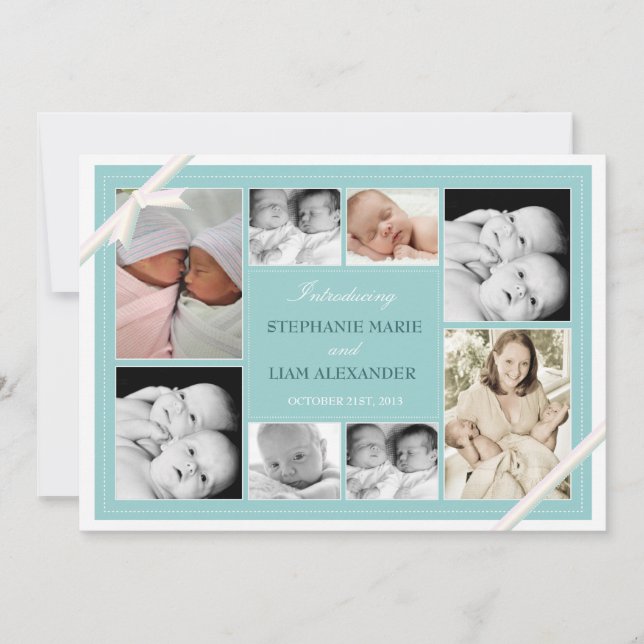 Ankündigung von Twin Baby Foto Collage Baby | Aqua (Vorderseite)