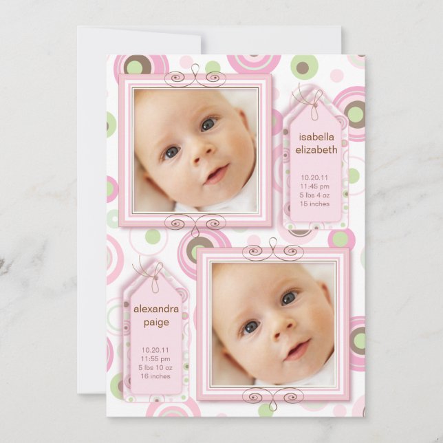 Ankündigung von Twin Girls Pink Polka Dot Foto (Vorderseite)