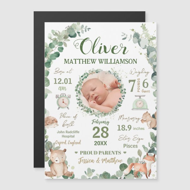 Ankündigung von Woodland Animals Baby Birth Stats (Vorne/Hinten)