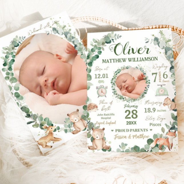 Ankündigung von Woodland Animals Baby Birth Stats (zazzle-chic-woodland-animals-greenery-gender-neutral-boy-girl-birth-stats-photo-announcement-cards)