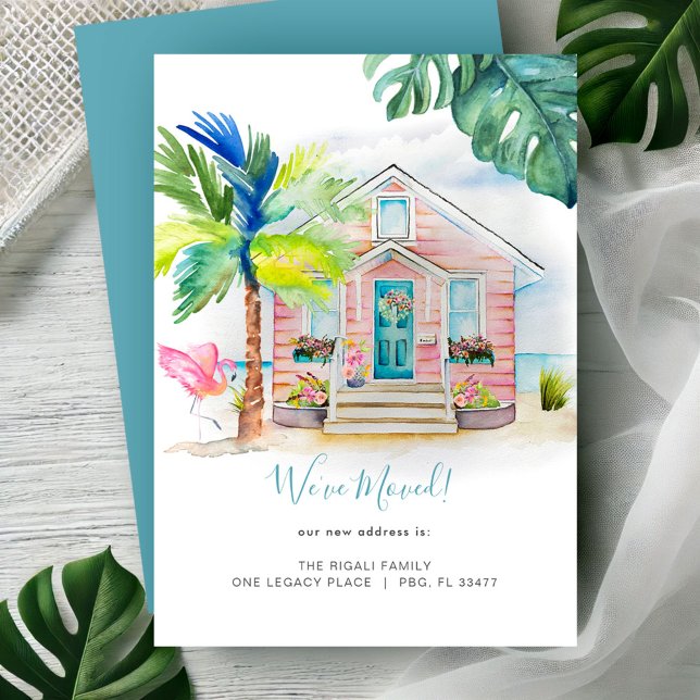 Ankündigung zum Tropical Watercolor Beach (New address cards watercolor beach house, pink flamingo & palm tree art by Victoria Grigaliunas)