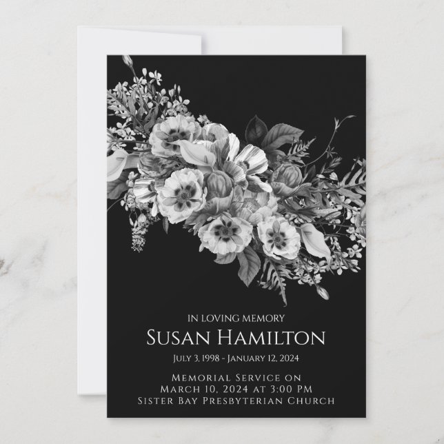 Ankündigung zur Beerdigung von Schwarz-Weiß-Pansy (Vorderseite)