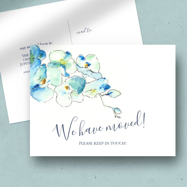 Ankündigung zur botanischen Bewegung Postkarte (change of address postcards blue watercolor orchids art by Victoria Grigaliunas)