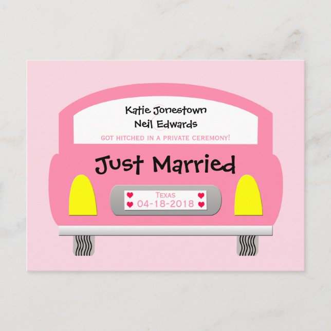 Ankündigung zur Eheschließung Postkarte Pink Car (Vorderseite)