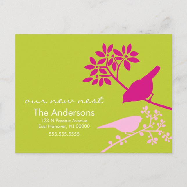 Ankündigungen über Chartreuse und Fuchsia-Vögel (Vorderseite)