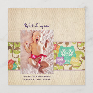 Ankündigungen zur Geburt von lila Eule-Baby