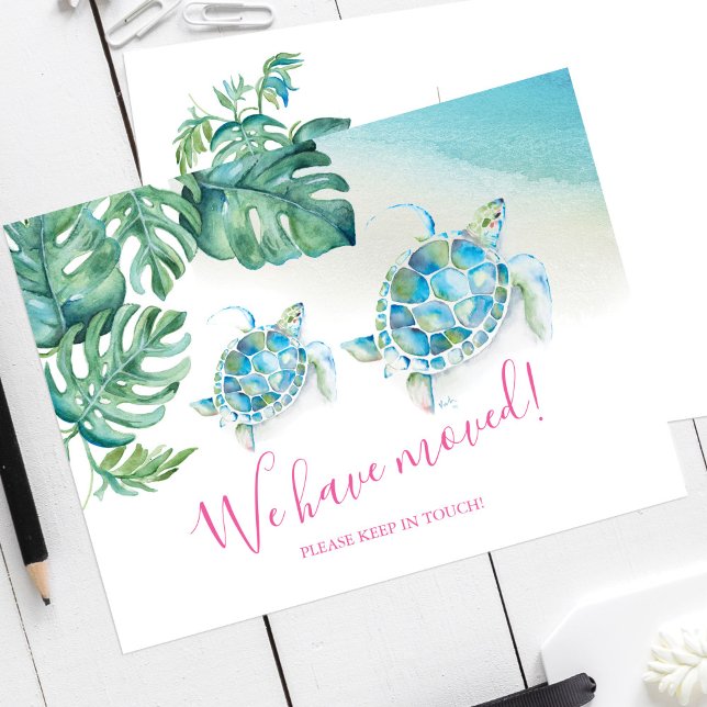 Ankündigungen zur Wasserfarbenbewegung (New address moving announcement cards watercolor sea turtle and palm leaf by Victoria Grigaliunas)