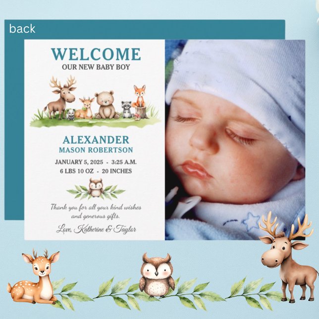 Ankündigungskarte für Woodland Animals Baby Boy Fo (Von Creator hochgeladen)