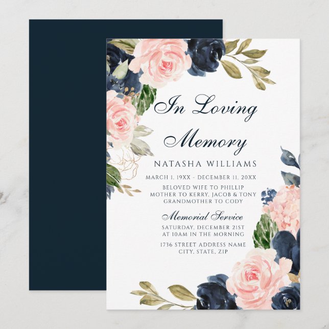 Ankündigungsservice für Blush & Navy-Floral-Gedenk Einladung (Vorne/Hinten)