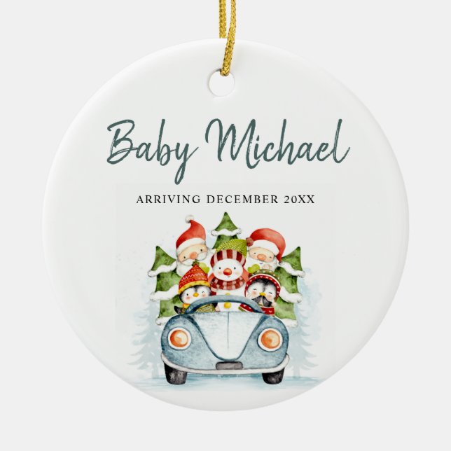 Ankunft Baby Boy Schwangerschaft Ankündigung Keramik Ornament (Vorne)
