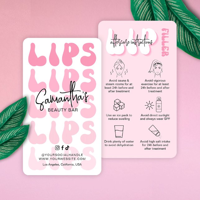 Anleitung für die Retro-Rosa-Logoklammer Visitenkarte (Trendy lip filler aftercare cards featuring pink hues, retro fonts and lips care icons)