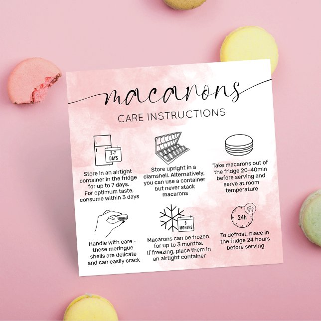 Anleitung für Rosa Aquarellbilder Quadratische Visitenkarte (Blush pink watercolor macarons care instructions cards with macaron care icons)