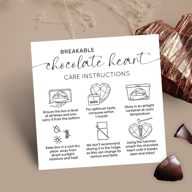 Anleitung zur Elegant Smash Chocolate Heart Care Quadratische Visitenkarte (Elegant breakable chocolate heart customer care instructions cards, perfect to add to your boxes)