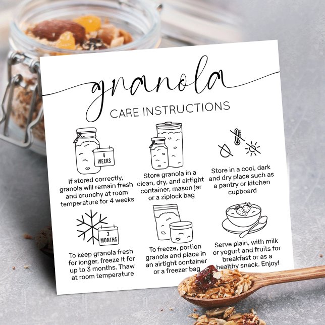 Anleitung zur Minimalistischen Beschaffung von Gra Quadratische Visitenkarte (Minimalist sourdough granola care instructions cards with care icons, stylish calligraphy font)