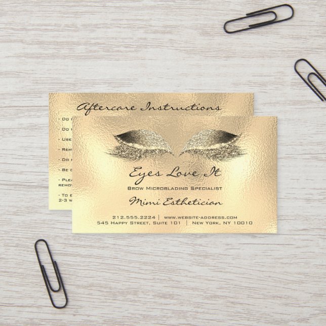 Anleitung zur Nachsorge Lashes Metall Glas Gold Visitenkarte (Vorderseite/Rückseite Beispiel)