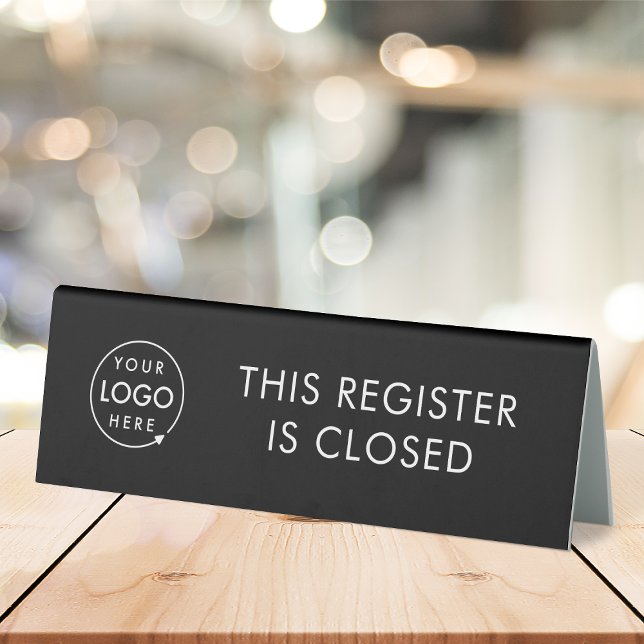 Anmelden geschlossen | Kasse mit schwarzen Logos Tischaufsteller (Branded black "this register is  closed" table tent signs for retail stores checkout experience.)